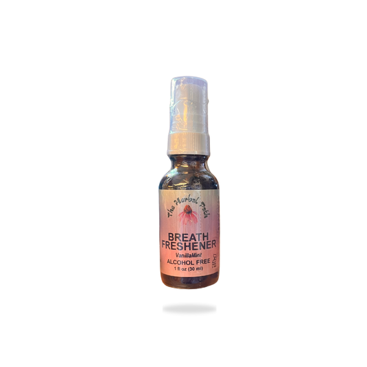 Bottle of breath freshener spray on a white background.