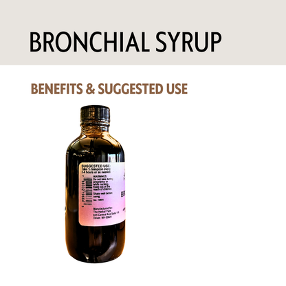 Bronchial syrup bottle with label on a light gray background