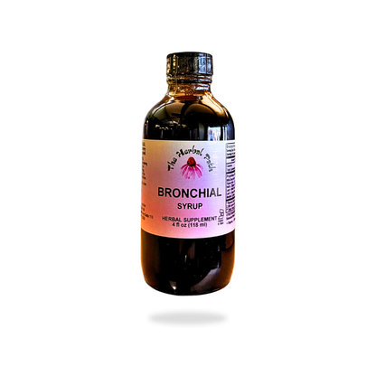 Bottle of Bronchial Syrup with a label on a white background