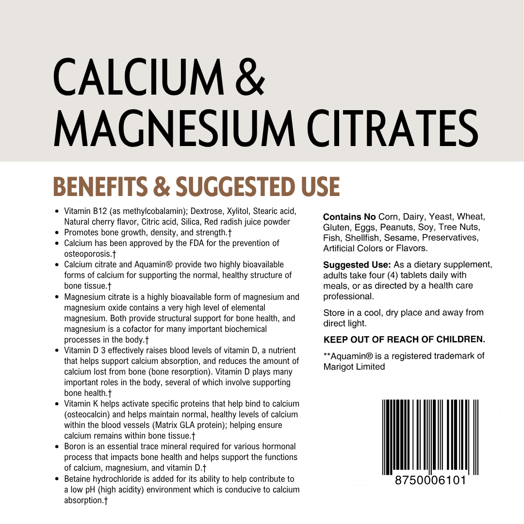 Back of a supplement package with text about Calcium and Magnesium Citrates, including benefits, suggested use, and product details as well as a barcode.