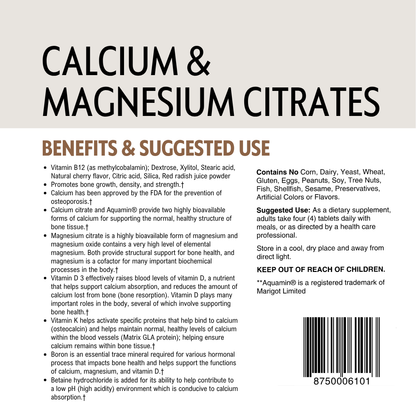 Back of a supplement package with text about Calcium and Magnesium Citrates, including benefits, suggested use, and product details as well as a barcode.