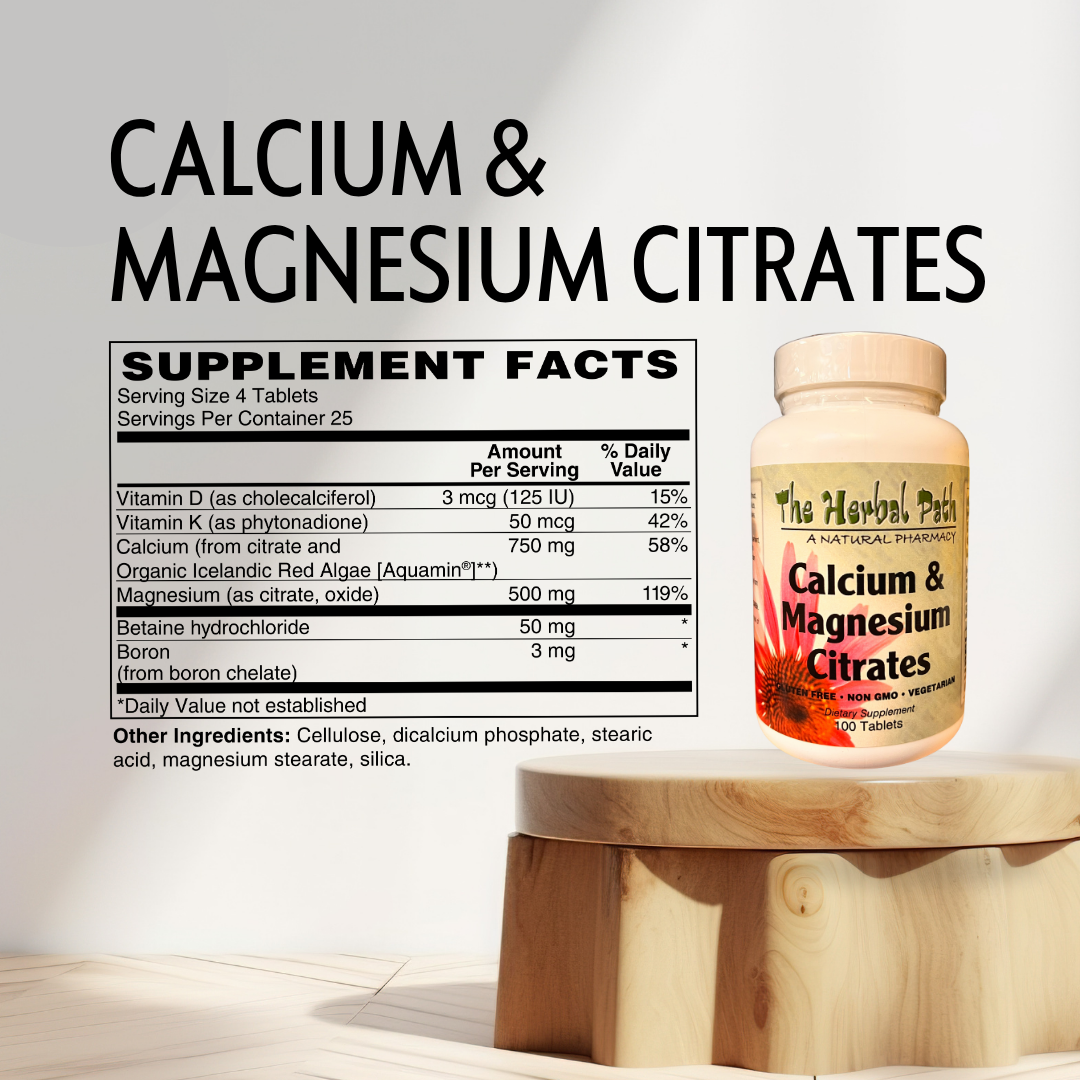 Supplement bottle 100 tablets labeled 'Calcium & Magnesium Citrates' with its nutritional facts displayed.