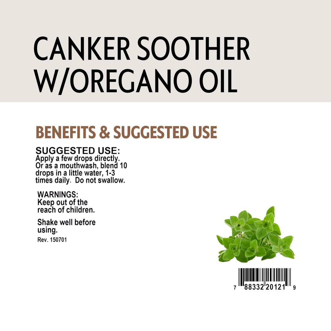 Label for canker soother with oregano oil showing benefits, warning, barcode and a small image of oregano leaves.