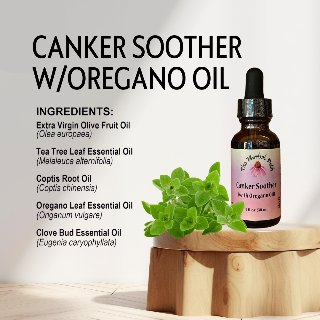Canker Soother with Oregano Oil bottle on a wooden stand with oregano plant, ingredients listed.