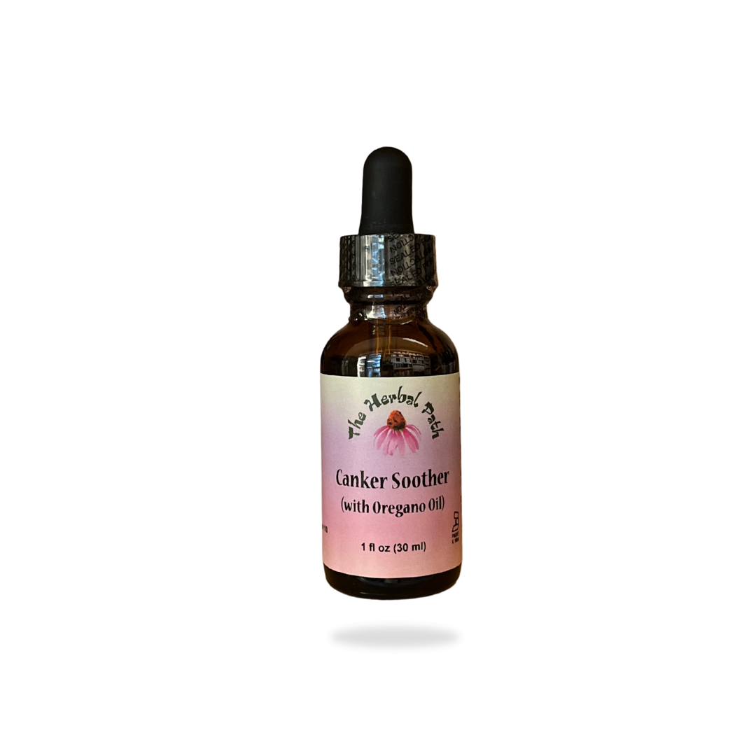 Bottle of Canker Soother with Oregano Oil on a white background.