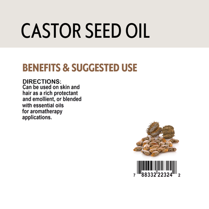 Label for castor seed oil with text and a small image of castor seeds on a white background.