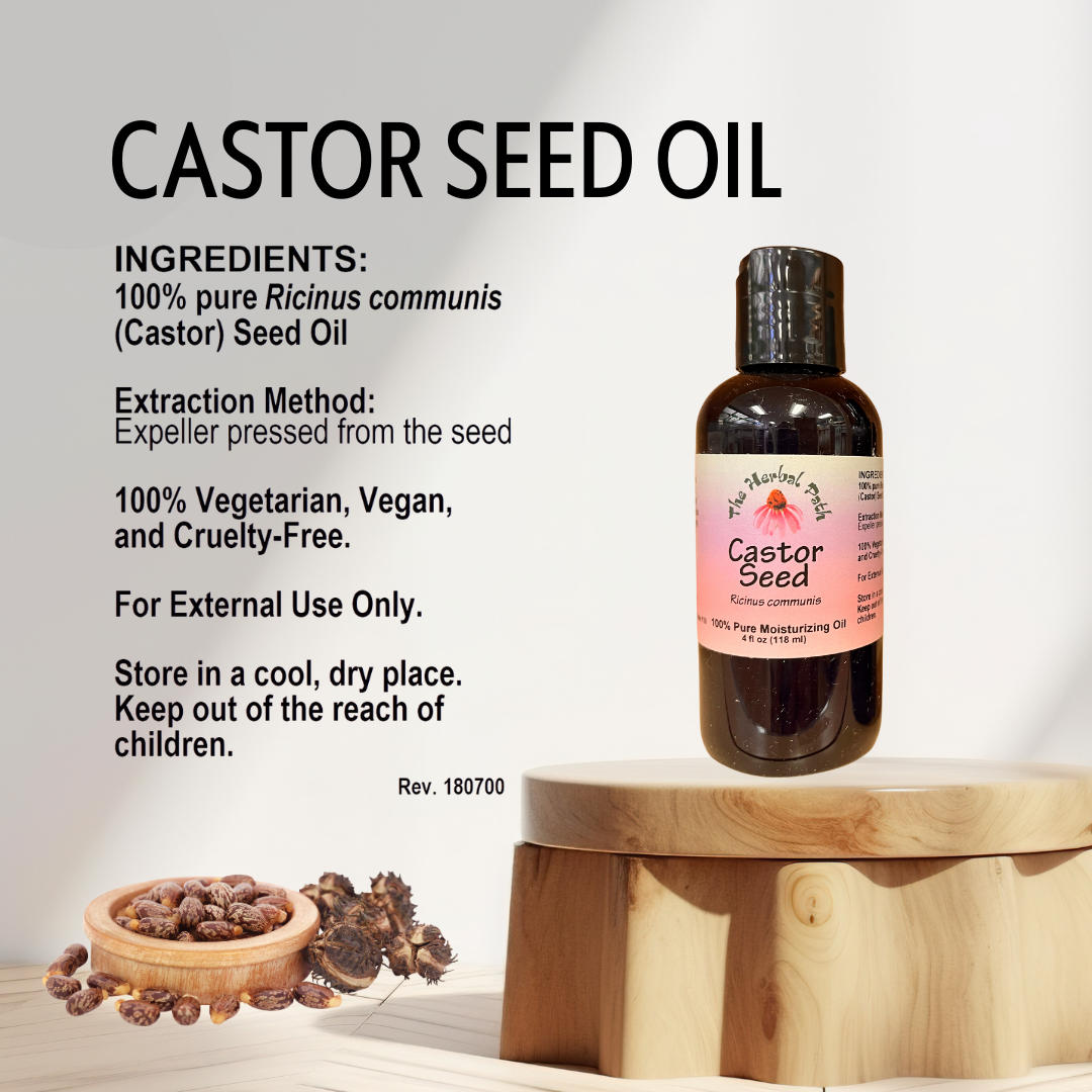 Bottle of castor seed oil on a wooden platform with ingredient information displayed.
