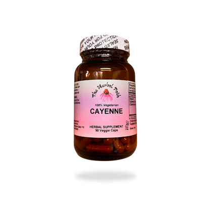 Bottle of Cayenne herbal supplement with pink label by The Herbal Path on a white background.