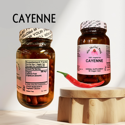 Two bottles of cayenne supplement with a red chili pepper on a wooden stand against a light background.