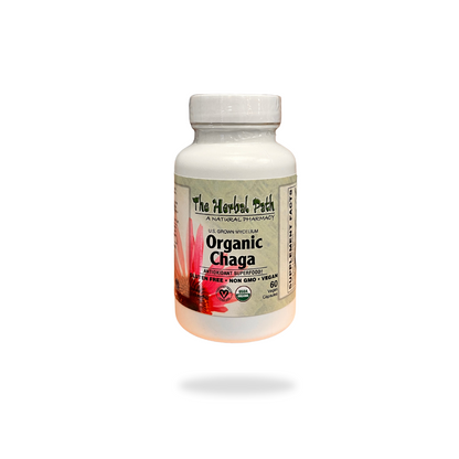 Bottle of Organic Chaga supplement from The Herbal Path on a white background.
