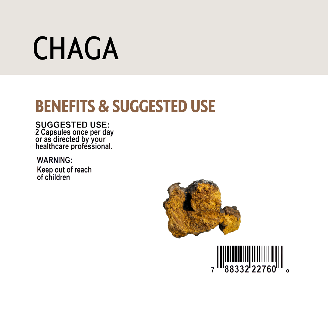 Chaga mushroom packaging with benefits, suggested use, and warning information on a white background.
