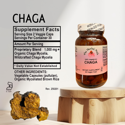 Chaga supplement bottle with label and chaga mushroom on a wooden stand.