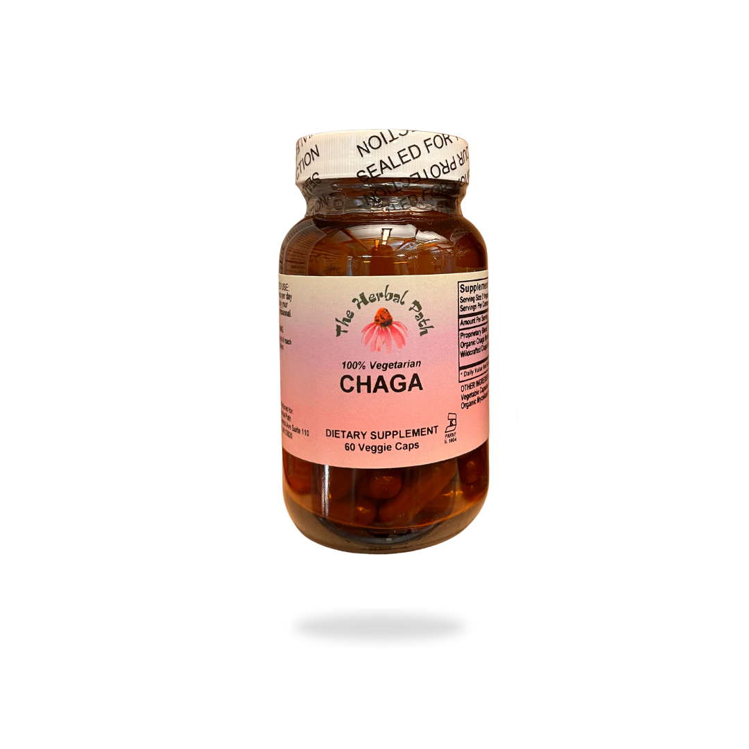 Bottle of Chaga dietary supplement on a white background.