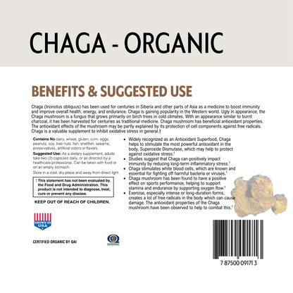 Back label of Chaga organic product with text and mushroom image on a white background.