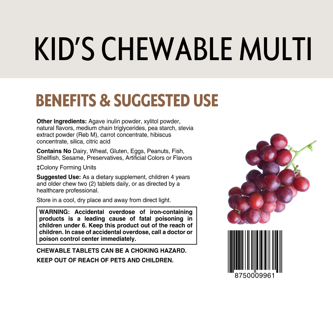 Back of a supplement package for kids' chewable multivitamins with ingredients list, benefits, and usage instructions.