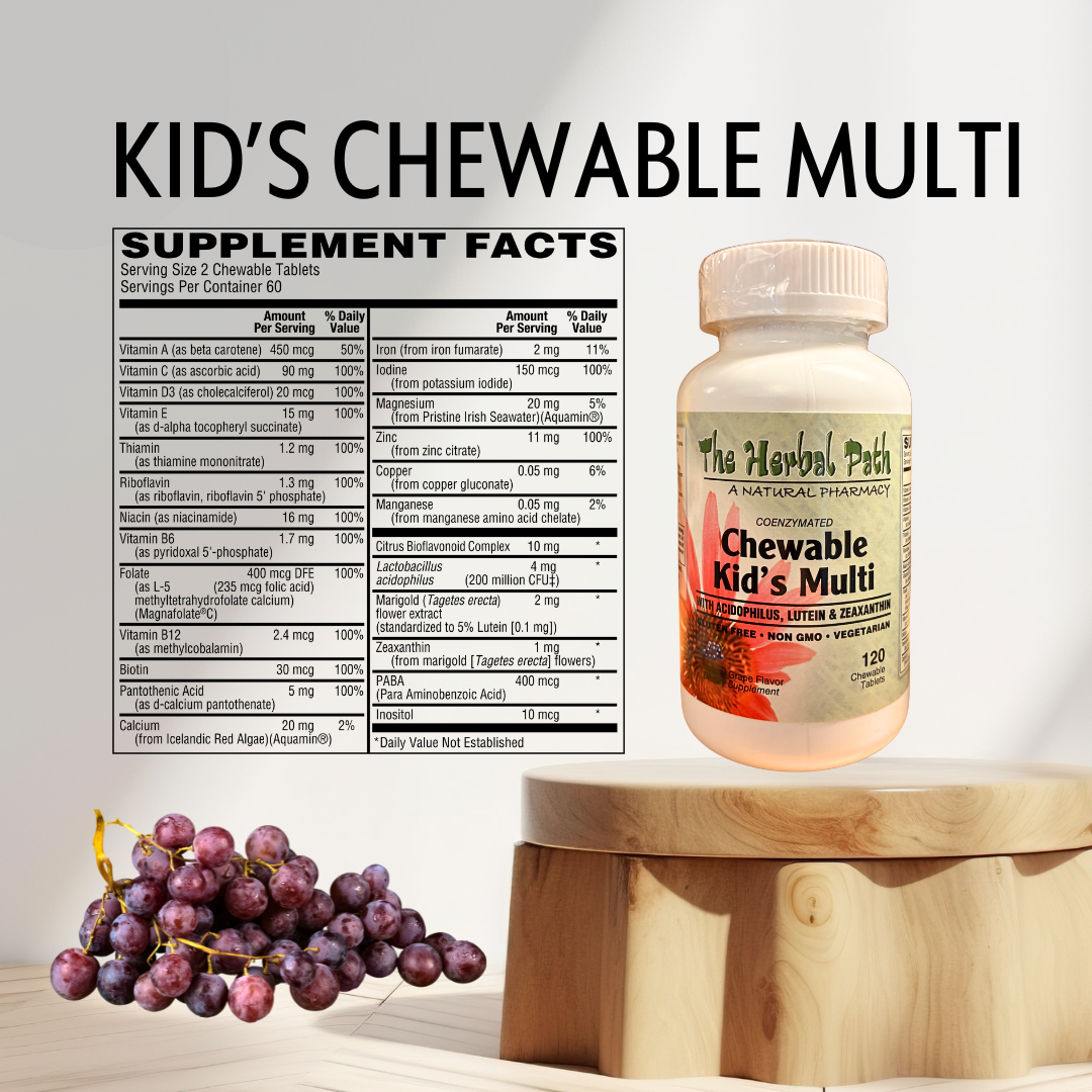 Kids chewable multi supplement with supplement facts label and grapes on a wooden stand.
