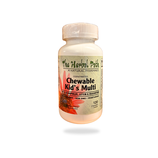 Bottle of The Herbal Path Chewable Kids Multi on a white background