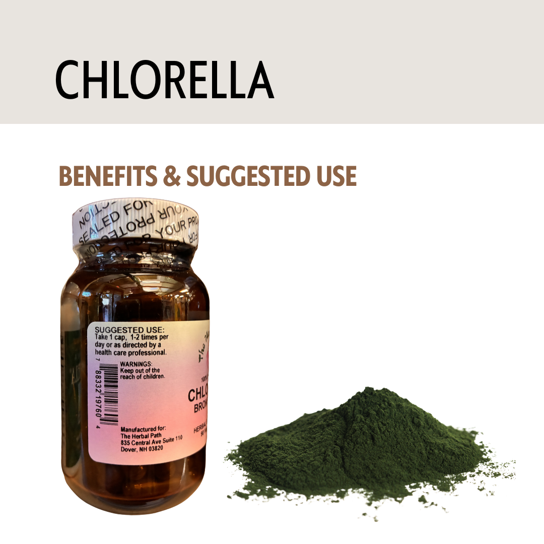 Chlorella supplement bottle with powder on a white background