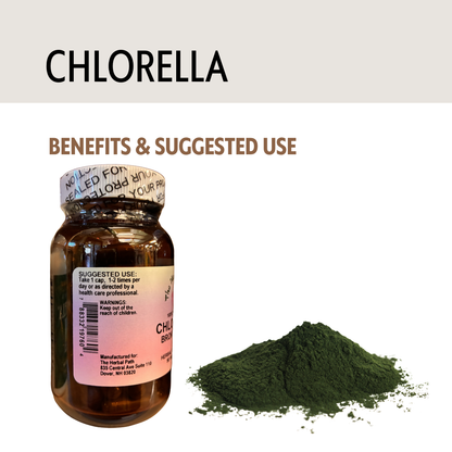 Chlorella supplement bottle with powder on a white background