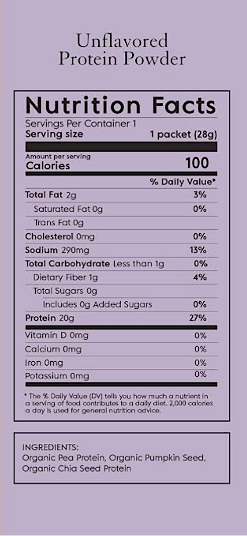 Two side-by-side nutrition label panels for protein powder. The left panel is tan and labeled 'Chocolate Peanut Butter Protein Powder,' and the right panel is lavender and labeled 'Unflavored Protein Powder.