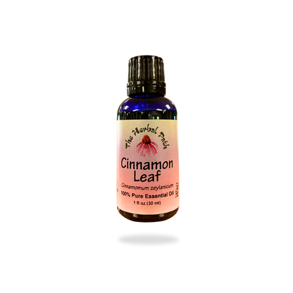 Bottle of cinnamon leaf essential oil on a white background