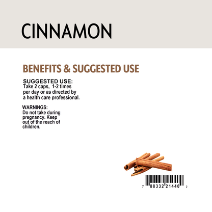 Cinnamon sticks with text on a white background.