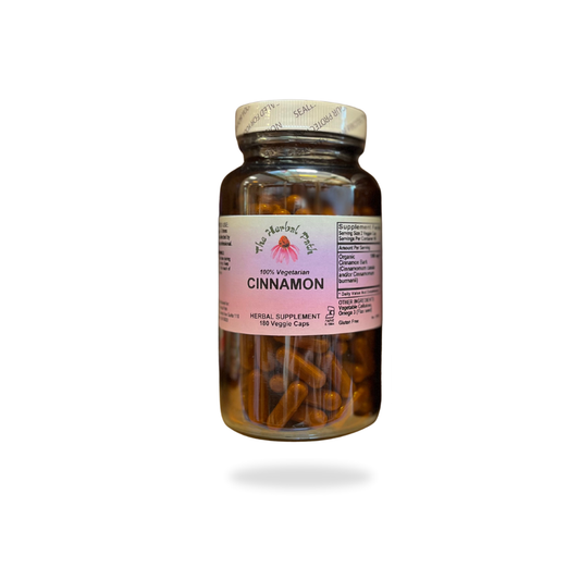 Bottle of cinnamon capsules with a label on a white background.