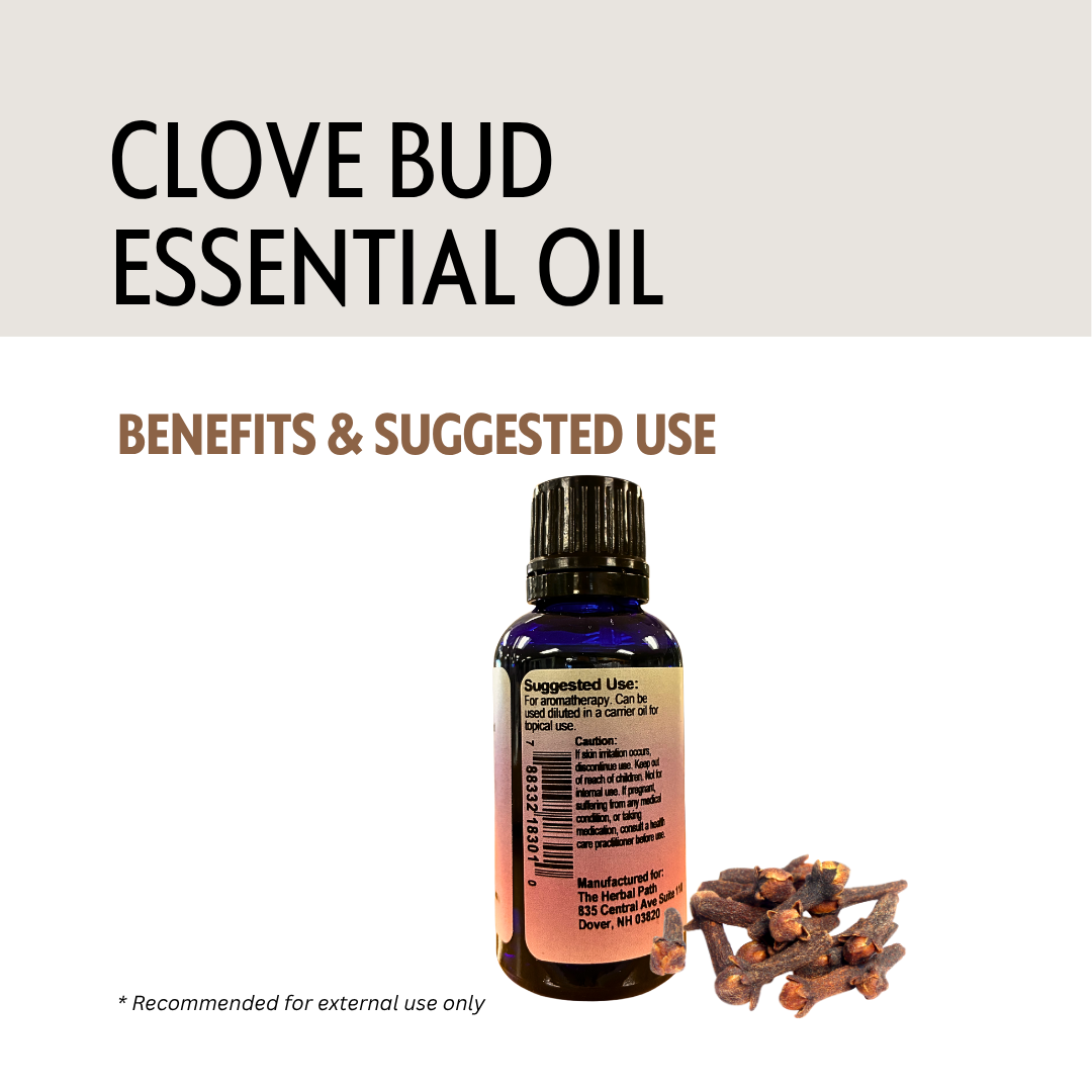 Clove bud essential oil bottle with text on a white background