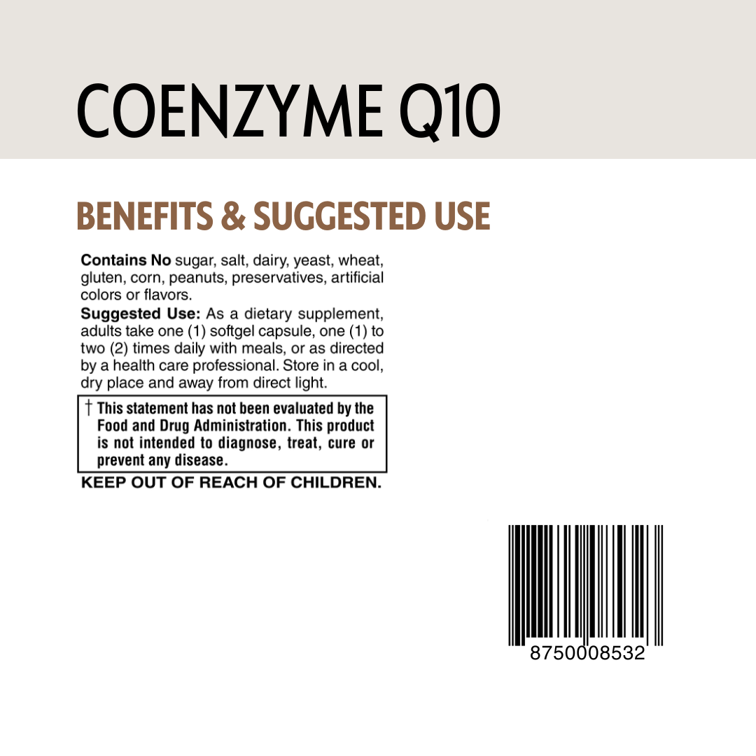 Coenzyme Q10 supplement label with benefits, suggested use, and product details.