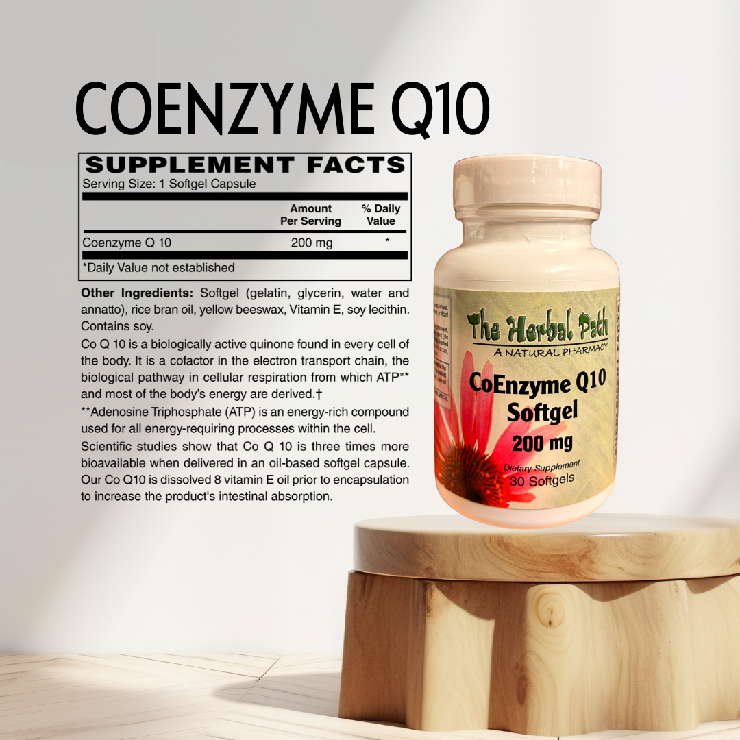 Coenzyme Q10 supplement bottle on a wooden stand with supplement facts label.