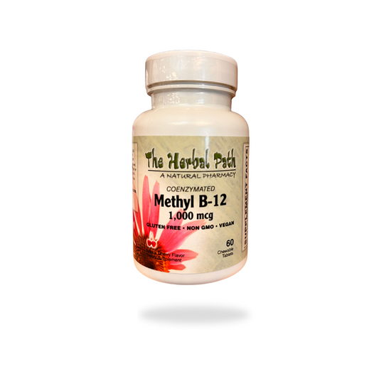 Bottle of The Herbal Path Methyl B-12 supplement on a white background