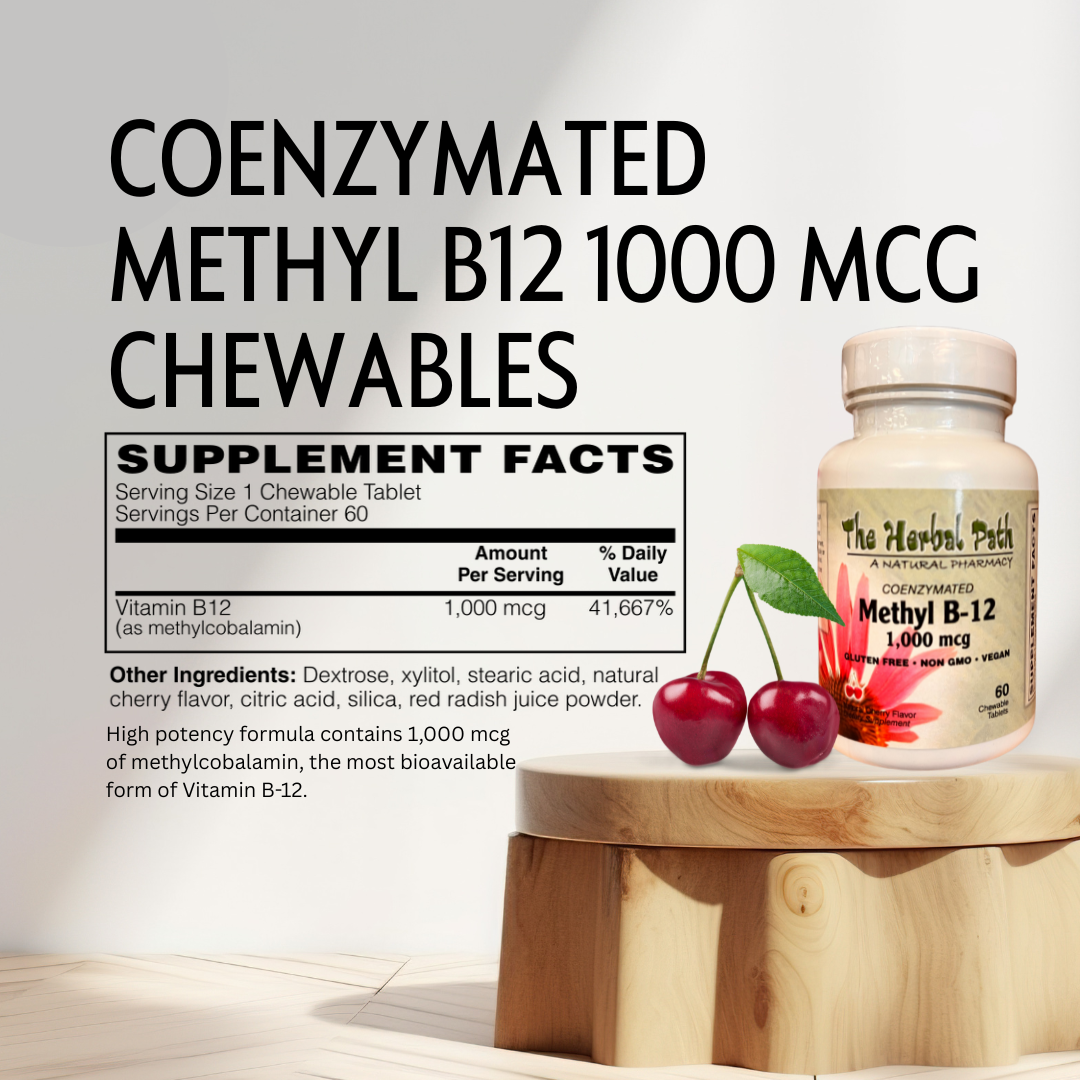 Coenzymated Methyl B12 supplement with cherry flavor on a wooden stand against a light background