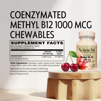 Coenzymated Methyl B12 supplement with cherry flavor on a wooden stand against a light background
