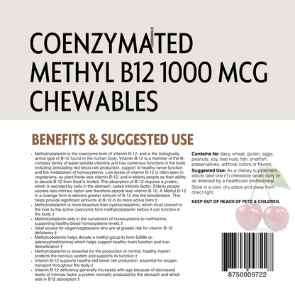 Label for Coenzymated Methyl B12 1000 mcg chewables with text and a barcode.