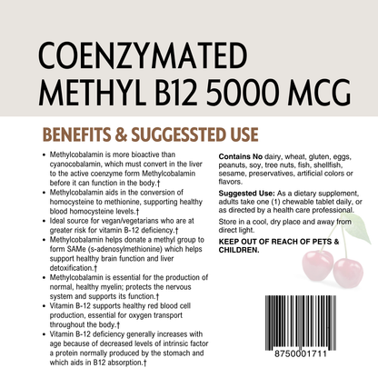 Back label of Coenzymated Methyl B12 5000 mcg supplement with text and bar code.
