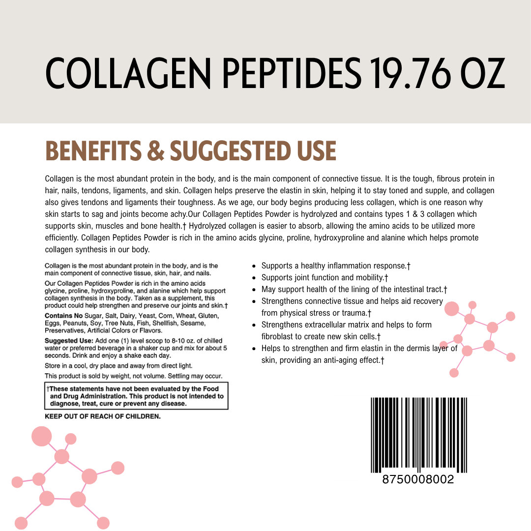 Back label of a collagen peptides product packaging with text and a barcode.