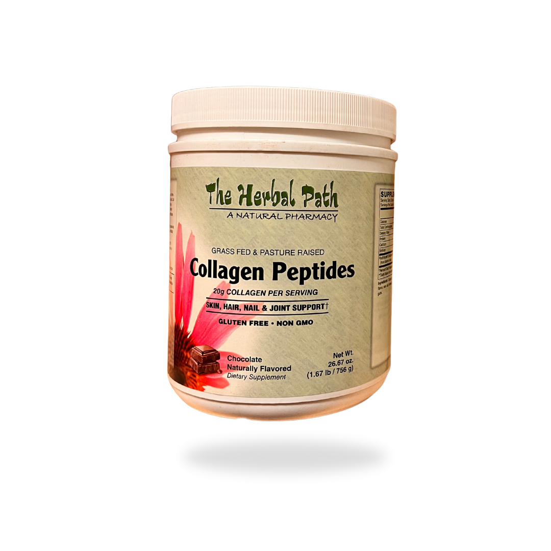 Jar of chocolate flavored collagen peptides from The Herbal Path.