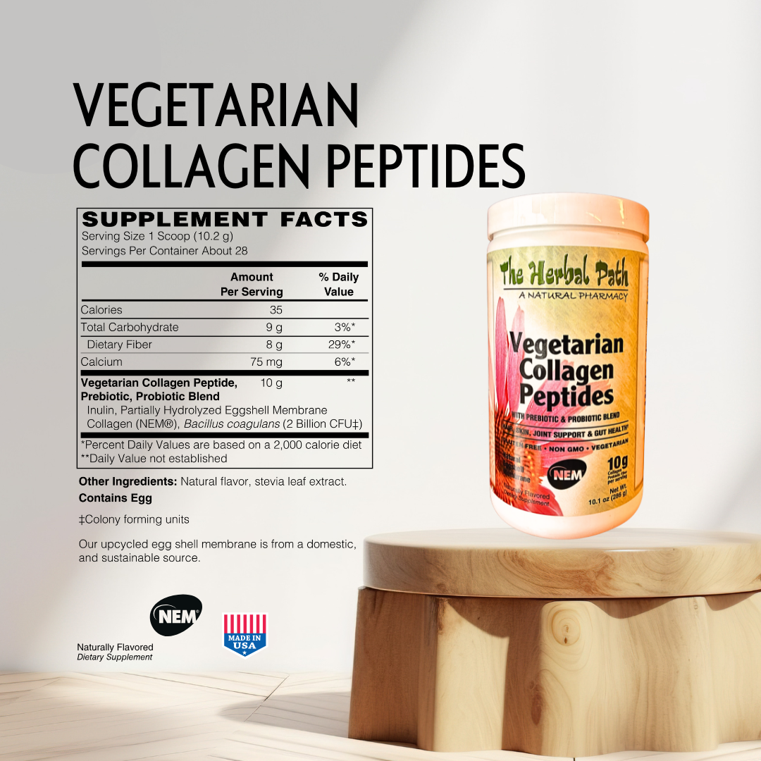 Supplement container labeled 'Vegetarian Collagen Peptides' on a wooden surface with supplement facts displayed.