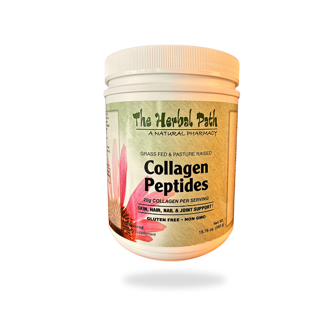 Container of The Herbal Path Collagen Peptides on a white background