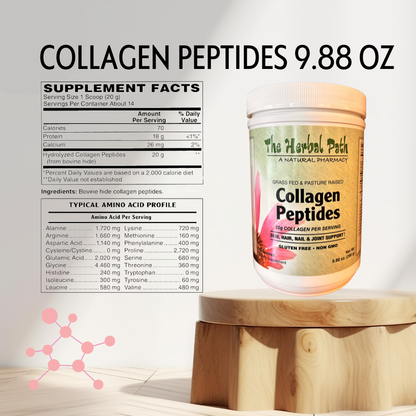 Collagen peptides container with supplement facts label on a light background
