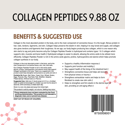 Collagen peptides packaging with text and molecular structure illustration, suggested use and barcode on a white background.