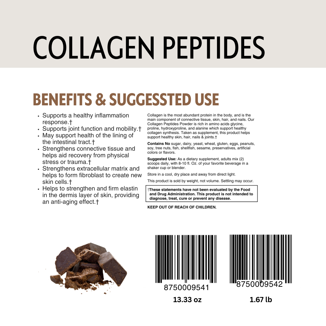 Collagen peptides packaging with benefits and usage information on a beige background