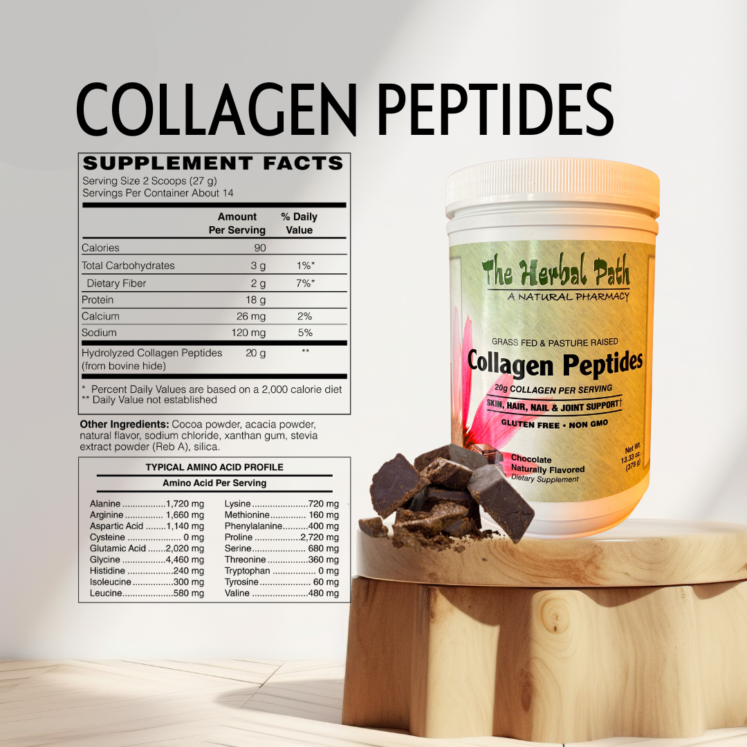 Collagen peptides supplement with packaging and ingredients on a wooden block against a light background
