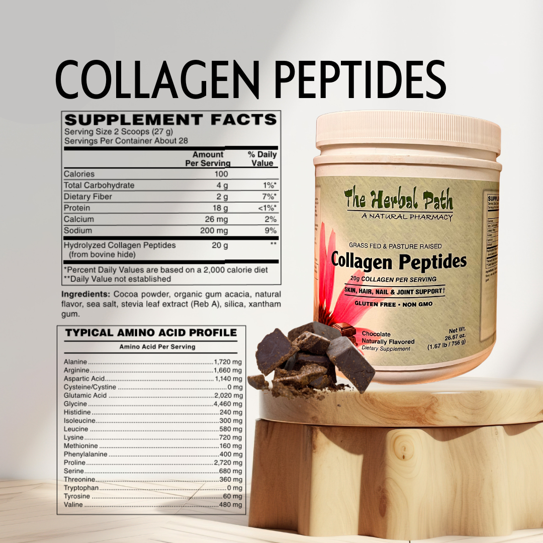 Collagen peptides supplement with label and ingredients list on a light background