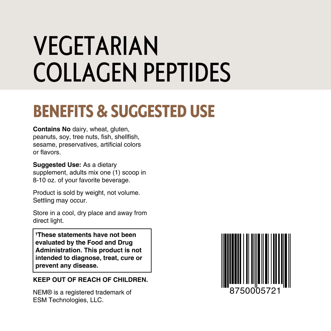 Label for vegetarian collagen peptides with benefits and suggested use information.