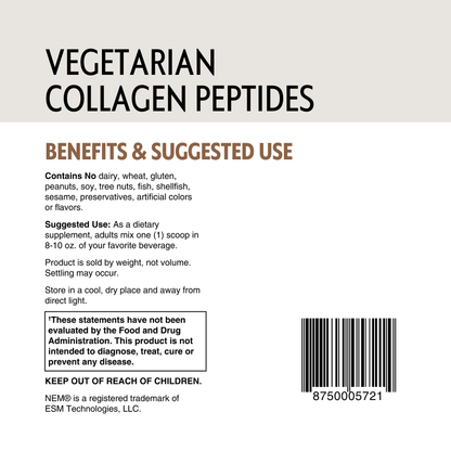 Label for vegetarian collagen peptides with benefits and suggested use information.