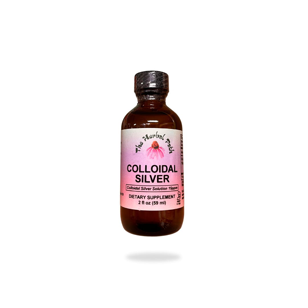 Bottle of colloidal silver supplement on a white background