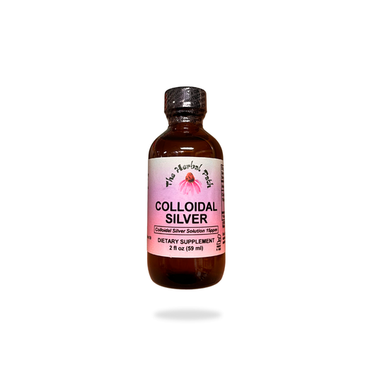 Bottle of colloidal silver supplement on a white background