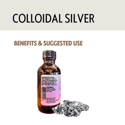 Bottle of colloidal silver with text about benefits and suggested use on a light gray background