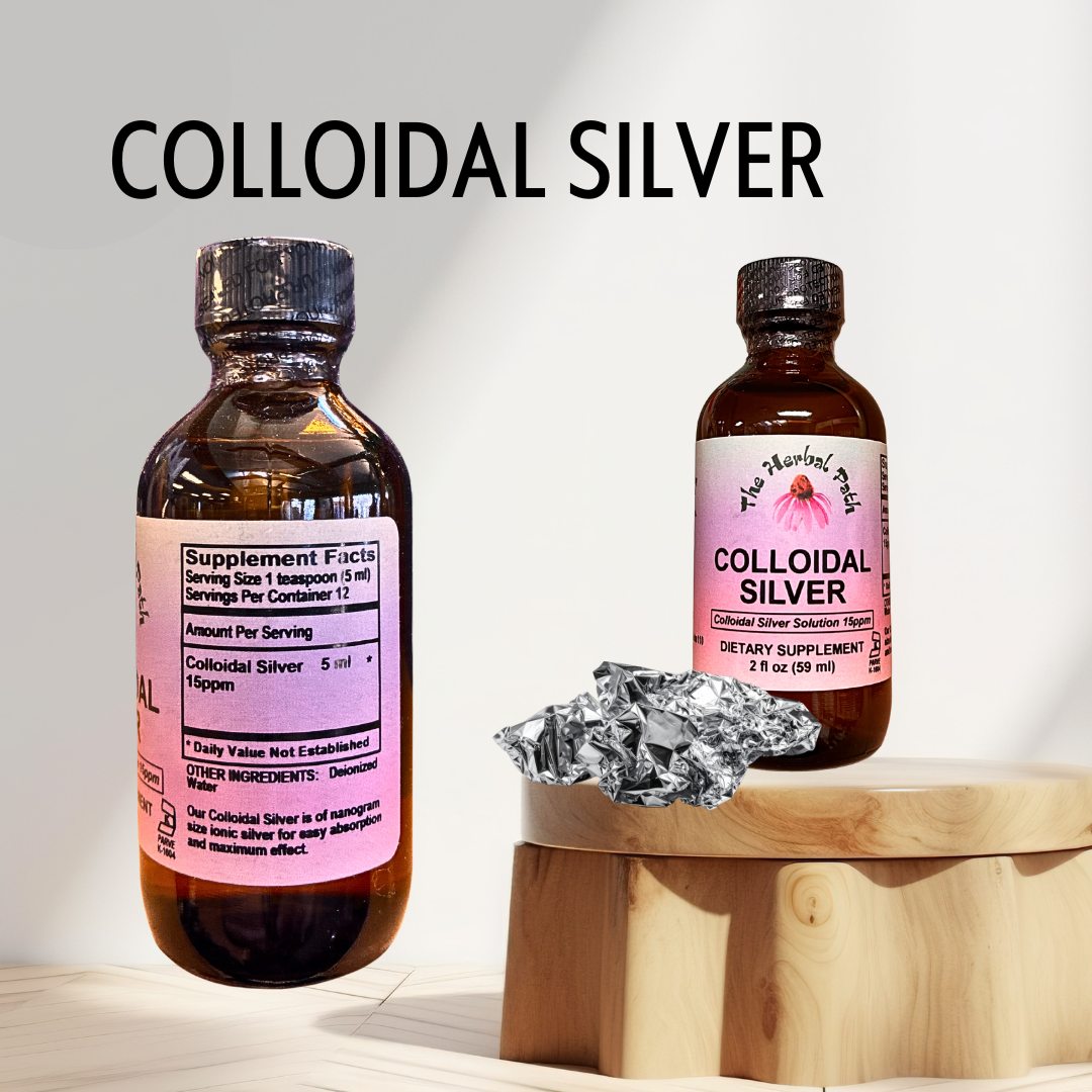 Two bottles of colloidal silver on a wooden stand with a white background
